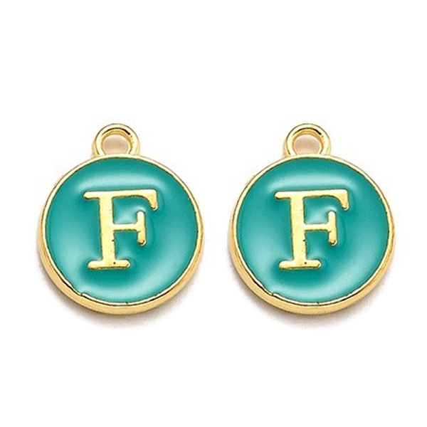 

PandaHall Golden Plated Alloy Enamel Charms, Enamelled Sequins, Flat Round with Alphabet, Letter.F, Green, 14x12x2mm, Hole: 1.5mm...