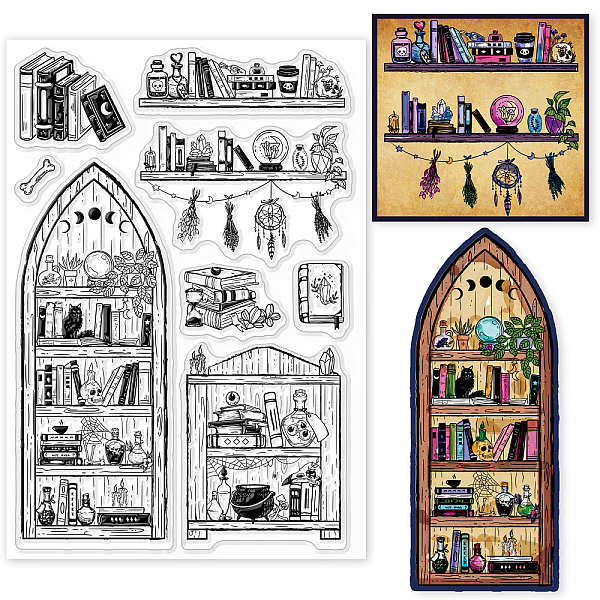 

PandaHall GLOBLELAND Bookshelf Witchcraft Books Clear Stamps for DIY Scrapbooking Magic Bookshelf Literary Theme Silicone Clear Stamp Seals...