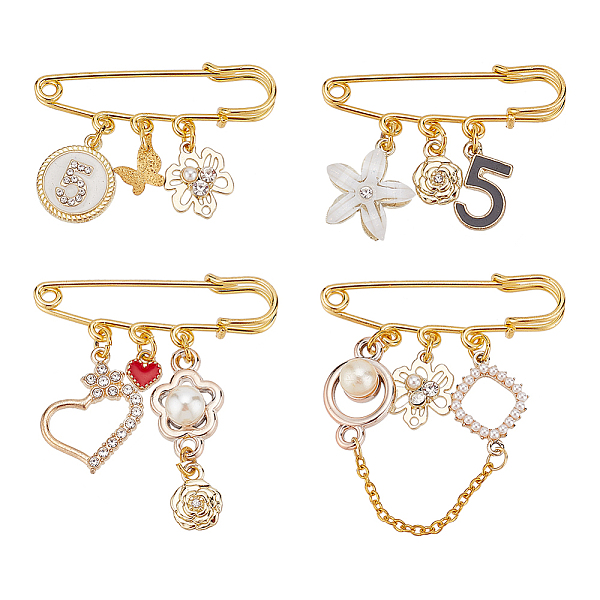 

PandaHall BENECREAT 4Pcs 4 Style Flower & Heart & Number 5 Enamel Charms Safety Pin Brooches, Golden Iron Lapel Pins for Backpack Clothes..., Multicolor