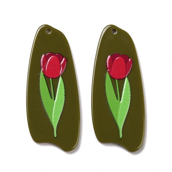 

PandaHall Printed Opaque Acrylic Big Pendants, Nuggets with Tulip Pattern, Dark Olive Green, 59x24x2.5mm, Hole: 2mm Acrylic Nuggets