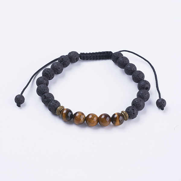 

PandaHall Adjustable Nylon Cord Braided Bead Bracelets, with Lava Rock, Tiger Eye Beads & Alloy Findings, 2-1/8 inch(54mm) Tiger Eye