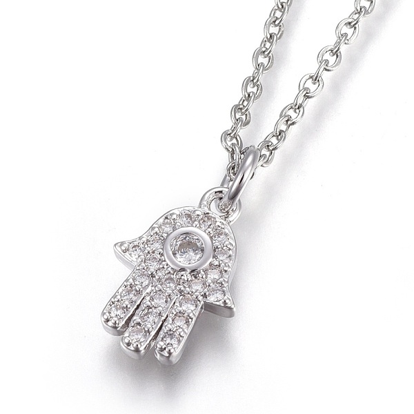 

PandaHall 304 Stainless Steel Pendant Necklaces, with Cubic Zirconia, Palm, Clear, Stainless Steel Color, 17.6 inch(45cm), Pendant...