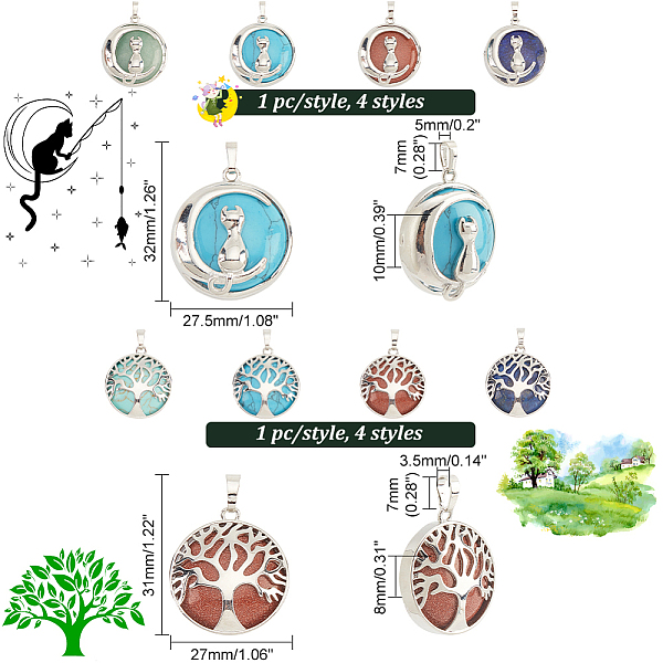 

PandaHall 8Pcs 8 Styles Gemstone Pendants, Flat Round Charms, with Platinum Plated Brass Findings, Kitten & Tree of Life...