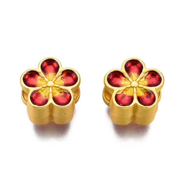 

PandaHall Rack Plating Eco-Friendly Alloy Enamel European Beads, Large Hole Beads, Cadmium Free & Lead Free, Matte Gold Color, Flower, Red...