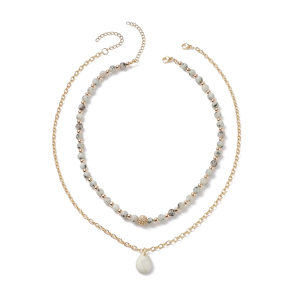 

PandaHall 2Pcs 2 Style Natural New Jade Teardrop Pendant Necklaces Set, Natural Sesame Jasper/Kiwi Jasper & Cubic Zirconia Beaded Stackable...