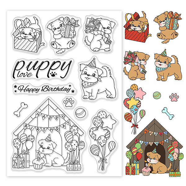 PandaHall BENECREAT Puppy Birthday Theme Clear Stamps Balloons Gifts Flowers Plastic Stamps with Happy Birthday Words for DIY Scrapbooking...