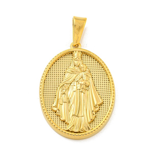 

PandaHall Ion Plating(IP) 304 Stainless Steel Pendants, Oval with Saint Charm, Golden, 35.5x26x4mm, Hole: 9.5x5mm 304 Stainless Steel Oval