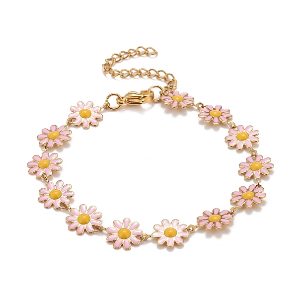 

PandaHall Enamel Daisy Link Chains Bracelet, Vacuum Plating 304 Stainless Steel Jewelry for Women, Golden, Pink, 7-1/4 inch(18.4cm) 304...