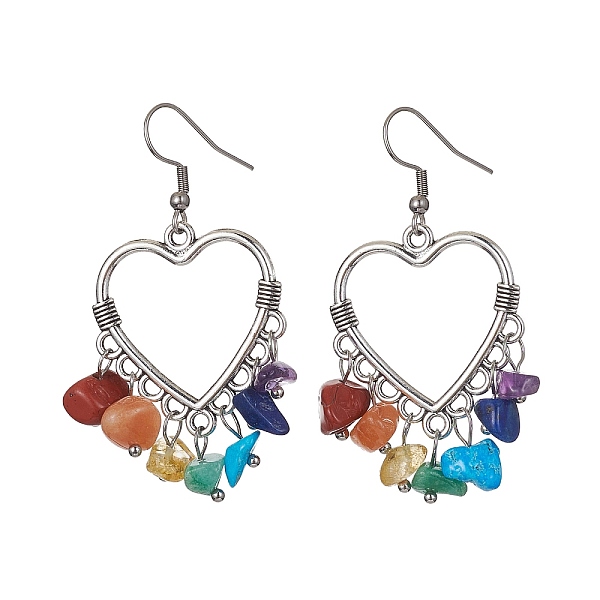 

PandaHall Natural Mixed Gemstone Chips Chandelier Earrings, Tibetan Style Alloy Long Drop Earrings, Heart, 55x26.5mm Mixed Stone Heart