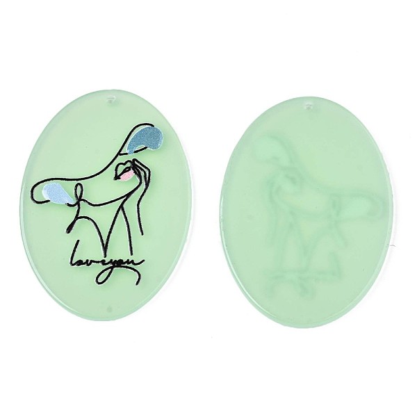 

PandaHall Translucent Cellulose Acetate(Resin) Pendants, 3D Printed, Oval with Woman, Word with Loveyou, Light Green, 44.5x31.5x2.5mm, Hole...