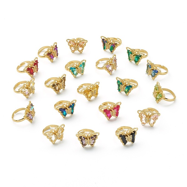 

PandaHall Adjustable Brass Micro Pave Clear Cubic Zirconia Finger Rings, with Glass, Butterfly, Golden, Mixed Color, US Size 6(16.5mm) Glass..., Multicolor