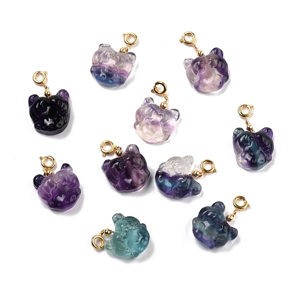 

PandaHall Natural Fluorite Carved Pendants, with Golden Plated Brass Findings, Doll, 20~21x17~18x7.5~9mm, Hole: 3.7mm Fluorite Doll