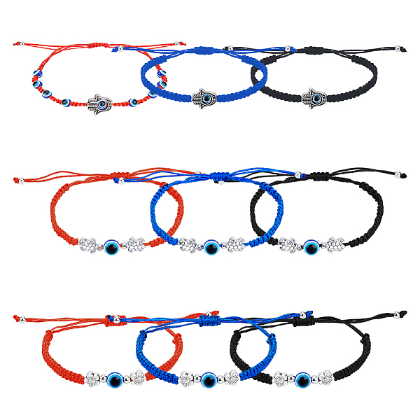 

PandaHall FIBLOOM 9Pcs 9 Style Glass Evil Eye & Alloy Link Bracelets Set, Tortoise & Flower & Hamsa Hand Adjustable Bracelets for Women..., Multicolor