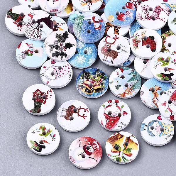 

PandaHall 2-Hole Printed Natural Wood Buttons, Christmas Theme, Flat Round, Mixed Color, 15x4mm, Hole: 1.8mm Wood Flat Round Multicolor