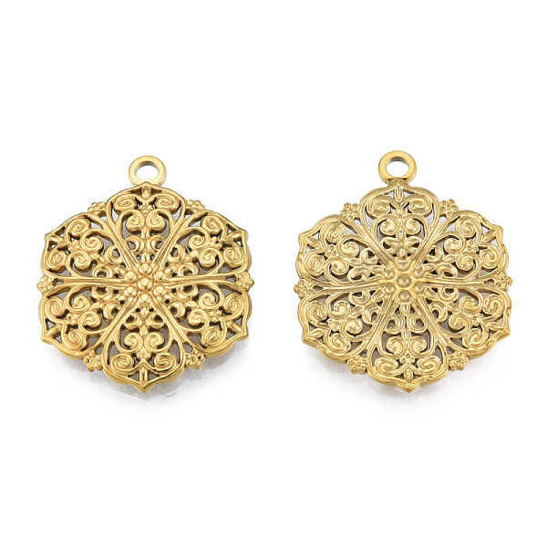 

PandaHall Ion Plating(IP) 201 Stainless Steel Pendants, Hexagon with Flower, Real 18K Gold Plated, 28.5x23x2.5mm, Hole: 2mm 201 Stainless...