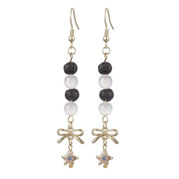 

PandaHall Round Natural Lava Rock & Selenite Dangle Earring, Star & Bowknot Alloy Earring for Women, Golden, 74x12.5mm Mixed Stone Star