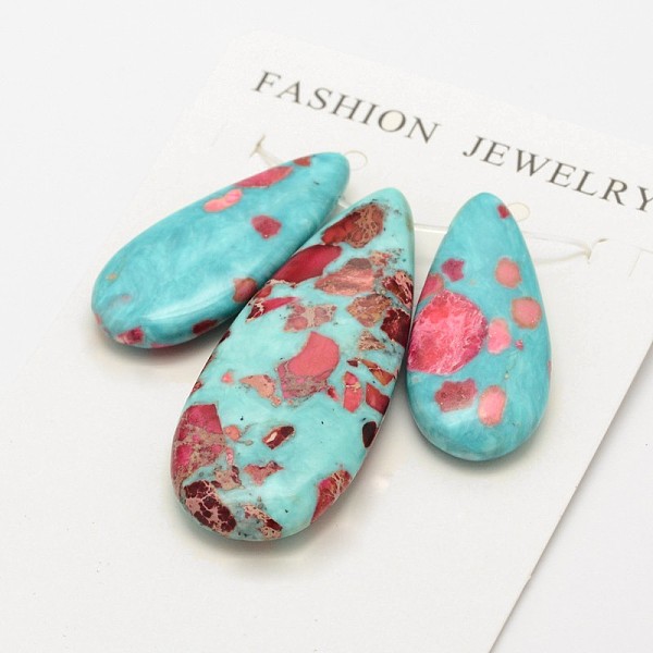 

PandaHall Assembled Synthetic Dyed Gemstone and Imperial Jasper Pendant Sets, teardrop, Cyan, 35~50x15~20x6~7mm, Hole: 1.5mm Imperial Jasper...