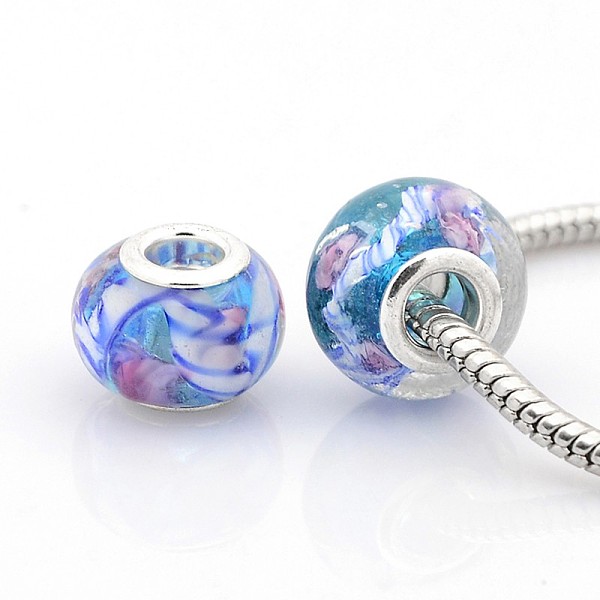 

PandaHall Handmade Lampwork European Large Hole Rondelle Beads, Inner Flower, with Silver Color Plated Brass Double Cores, Colorful, 14x10mm...