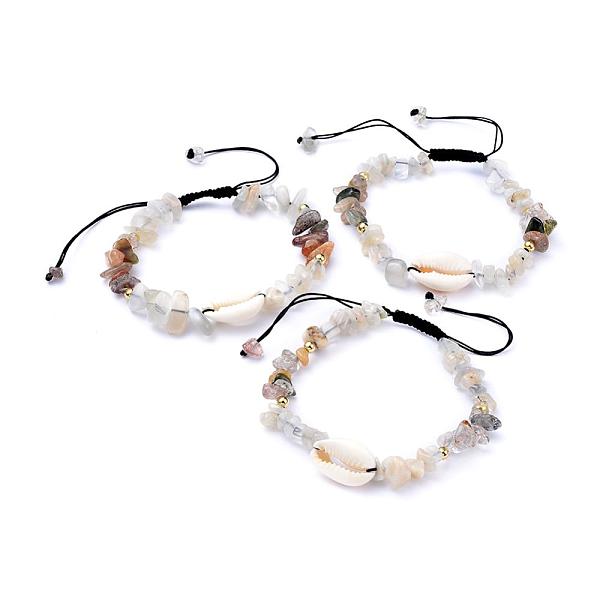 

PandaHall Natural Rutilated Quartz & White Moonstone Chip Braided Bead Bracelets, with Cowrie Shell, 1-7/8 inch~3-1/8 inch(4.7~8cm)..., Black