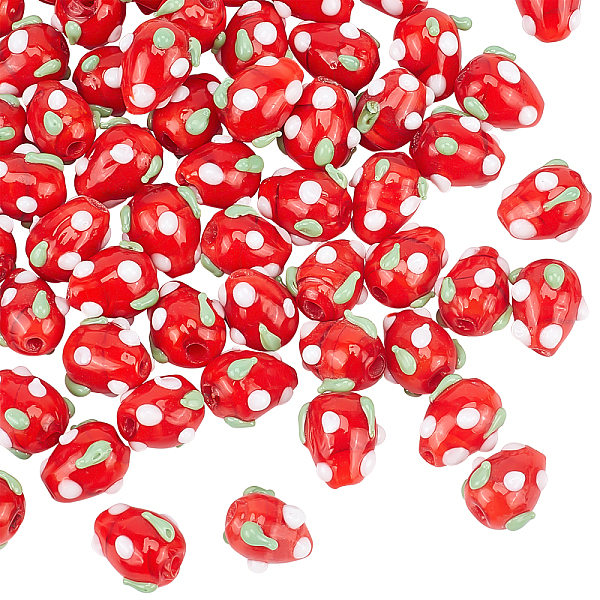 OLYCRAFT 70Pcs Red Strawberry Beads Handmade Lampwork Beads 3D Glass Beads For DIY Jewelry Making With 2mm Hole 10-13x8-10mm