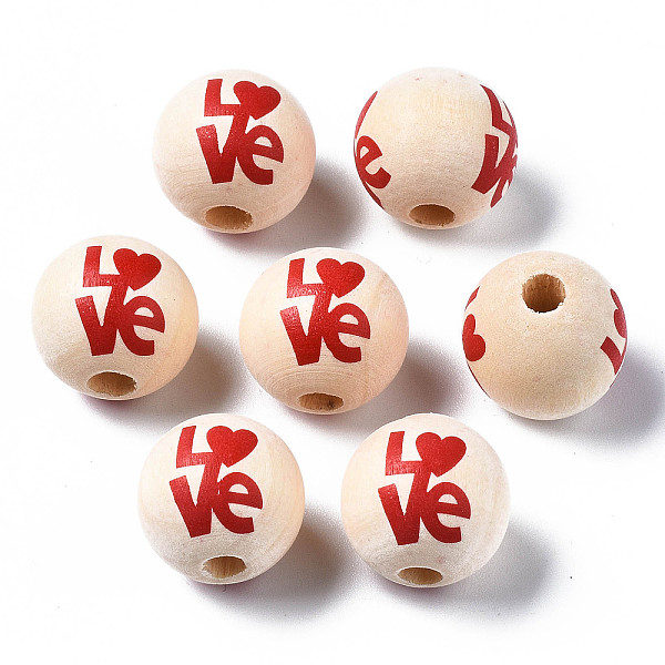 

PandaHall Unfinished Natural Wood European Beads, Large Hole Beads, Printed, Round with Love, Old Lace, 16x15mm, Hole: 4mm Wood Round