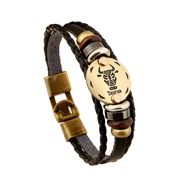 

PandaHall Braided Cowhide Cord Multi-Strand Bracelets, Constellation Bracelet for Men, with Wood Bead & Alloy Clasp, Taurus, 7-7/8~8-1/2..., Black