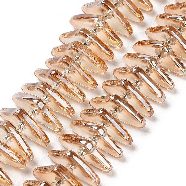 

PandaHall Electroplate Glass Beads Strands, Triangle, Sandy Brown, 9x15.5~16x2.8~3mm, Hole: 1mm, about 119~131pcs/strand, 24.21''~24.41''...