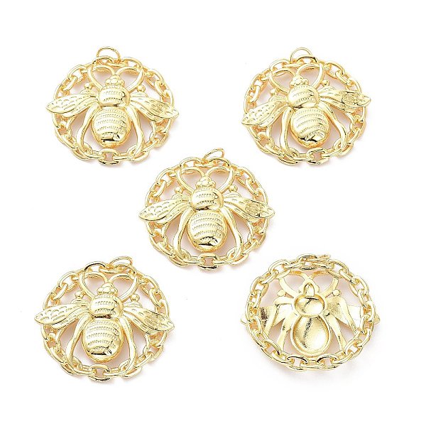 

PandaHall 4Pcs Brass Pendants, Long-Lasting Plated, Flat Round with Bees, Real 18K Gold Plated, 39.5x42x6mm, Hole: 6mm Brass Flat Round