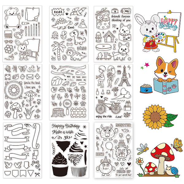 

PandaHall Globleland 9 Sheets 9 Style PVC Plastic Stamps, for DIY Scrapbooking, Photo Album Decorative, Cards Making, Stamp Sheets, Mixed...