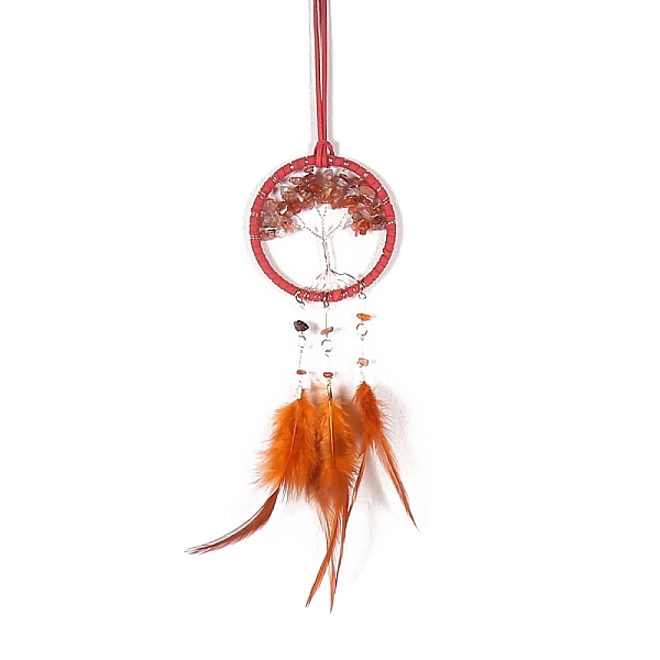 Pandahall Iron & Natural Carnelian Woven Web/Net With Feather Pendant Decorations, Flat Round With Tree, 75Mm Feather Tree