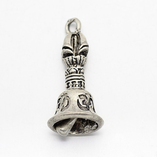 

PandaHall Tibetan Brass Beads, Dorje Vajra with Bell for Buddha Jewelry, Antique Silver, 36~38x15mm, Hole: 2.5mm Brass