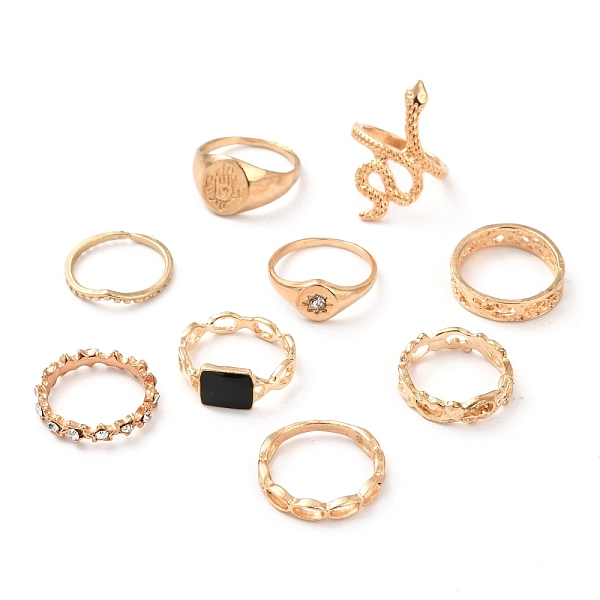 

PandaHall Zinc Alloy Finger Rings Sets, Hollow, Flat Round & Rectangle & Snake & Star, Golden, 1.5~29mm, Inner Diameter: 16~18mm, 9pcs/set...