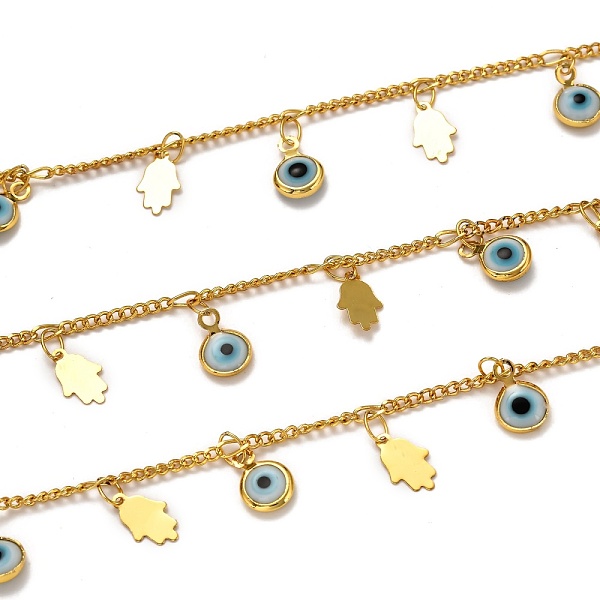 

PandaHall Brass Curb Chains, with Glass Charms, Spool, Long-Lasting Plated, Soldered, Evil Eye, Hamsa Hand/Hand of Fatima/Hand of Miriam...