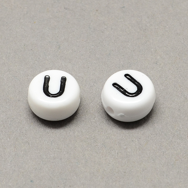 

PandaHall White and Black Acrylic Horizontal Hole Letter Beads, Flat Round with Letter.U, 7x4mm, Hole: 1.3mm, about 3600pcs/500g Acrylic...