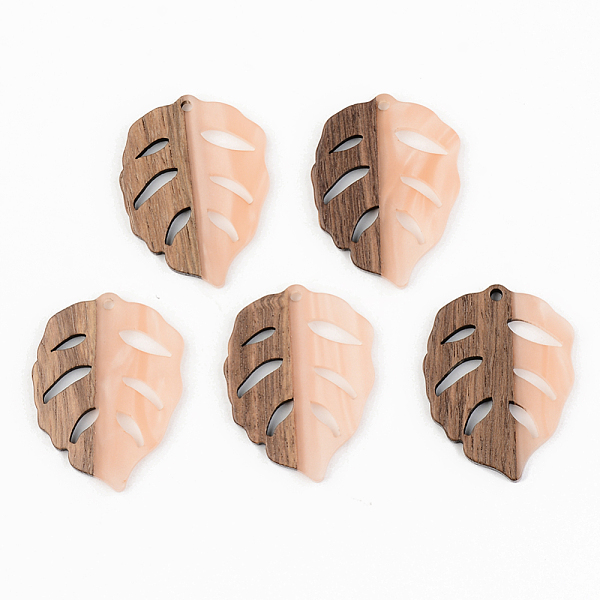 

PandaHall Opaque Resin & Walnut Wood Pendants, Leaf, Light Salmon, 37x28x3mm, Hole: 2mm Resin+Wood Leaf Red