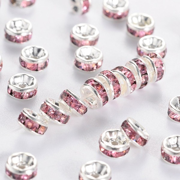 

PandaHall Brass Grade A Rhinestone Spacer Beads, Silver Color Plated, Nickel Free, Rose, 8x3.8mm, Hole: 1.5mm Brass+Rhinestone Rondelle Pink