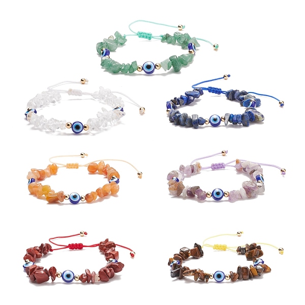 

PandaHall 7Pcs 7 Style Natural Mixed Stone Chips & Resin Evil Eye Braided Bead Bracelets Set, Gemstone Adjustable Bracelets for Women, Inner..., Multicolor