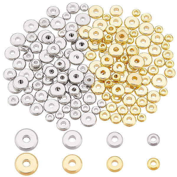 

PandaHall 160Pcs 8 Styles Brass Spacer Beads, Flat Round, Mixed Color, 4~7x1.5~2mm, Hole: 1.5~2mm, 20pcs/style Brass Flat Round