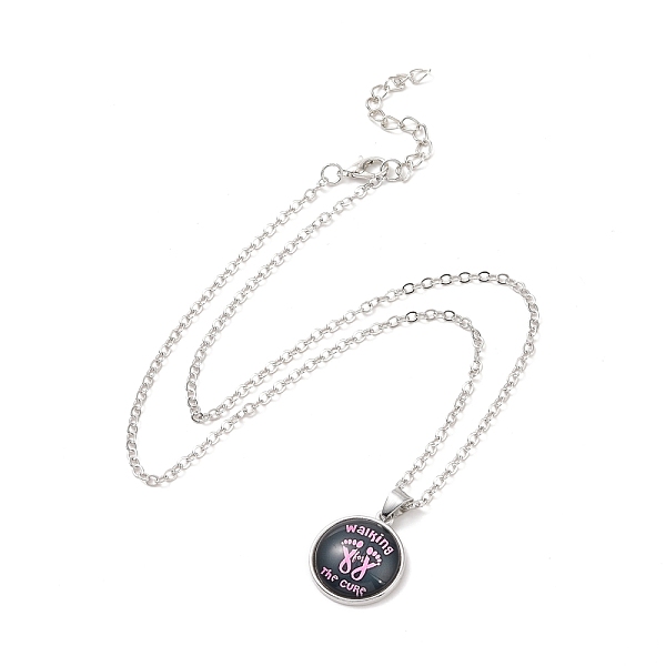 

PandaHall Glass Flat Round Pendant Necklace with Brass Chain, Breast Cancer Awareness Ribbon Jewelry for Women, Footprint Pattern, 18.70...