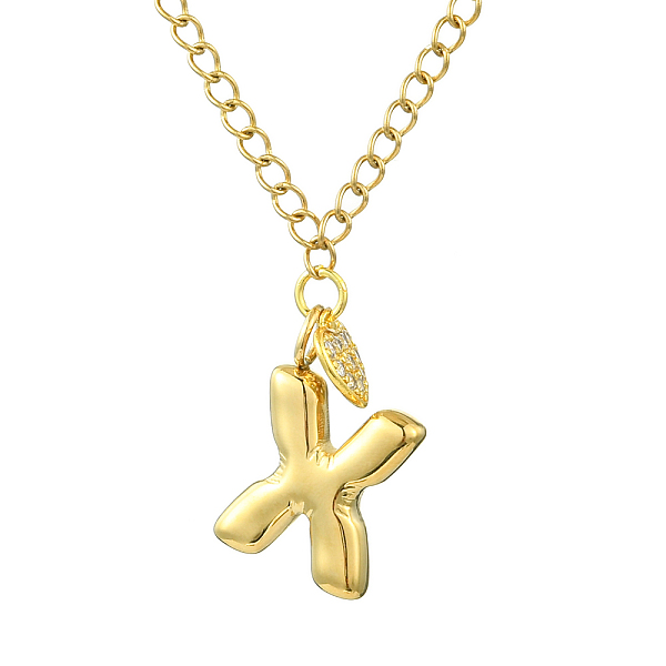 304 Stainless Steel Clear Cubic Zirconia Heart & Letter Pendant Curb Chain Necklaces for Women