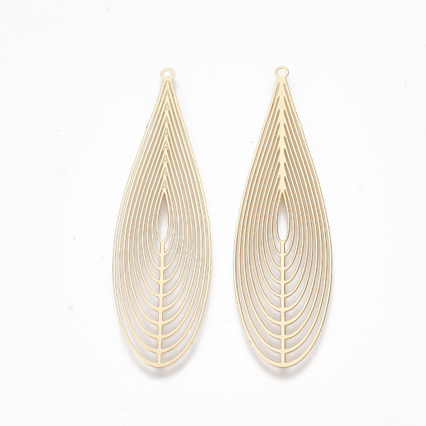 

PandaHall Brass Big Pendants, Etched Metal Embellishments, Teardrop, Light Gold, 55x16x0.3mm, Hole: 1.2mm Brass Teardrop