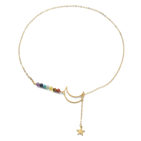 

PandaHall Alloy Moon & Star Lariat Necklace, Natural & Synthetic Mixed Stone Beaded Stainless Steel Necklace, Golden, 18.39 inch(46.7cm)...