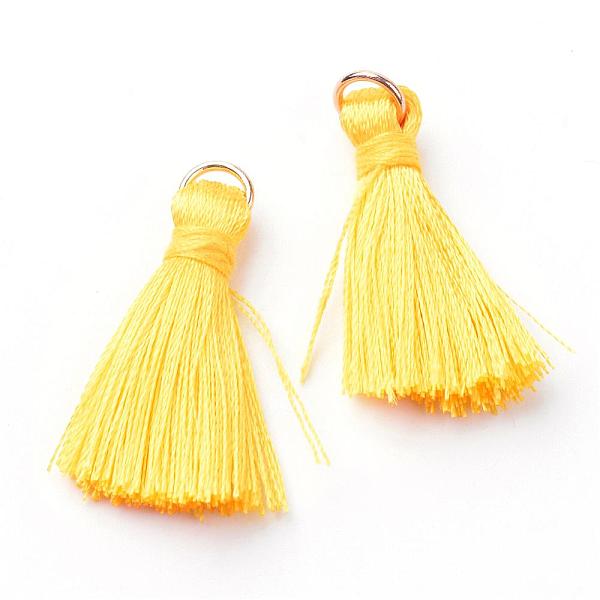 

PandaHall Nylon Tassel Pendant Decorations, with Unwelded Iron Jump Rings, Golden, Yellow, 26~33x4.5~5mm, Hole: 2mm Nylon Yellow