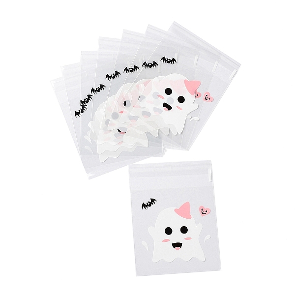 PandaHall Halloween Theme Plastic Bakeware Bag, with Self-adhesive, for Chocolate, Candy, Cookies, Square, Ghost, 130x100x0.05mm, Inner...