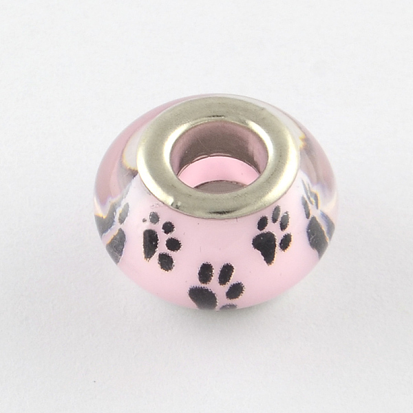 

PandaHall Large Hole Dog Paw Prints Pattern Resin European Beads, with Silver Color Plated Brass Double Cores, Rondelle, Pink, 14x9~10mm...