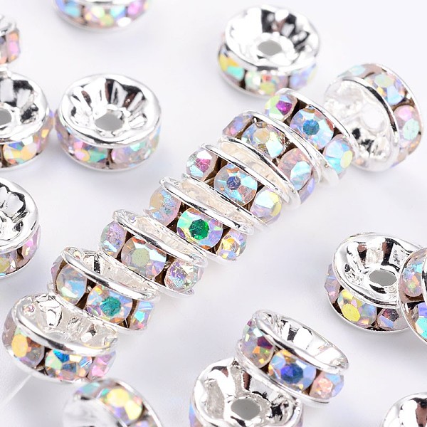 

PandaHall Brass Grade A Rhinestone Spacer Beads, Silver Color Plated, Nickel Free, Crystal AB, 8x3.8mm, Hole: 1.5mm Brass+Rhinestone..., Clear