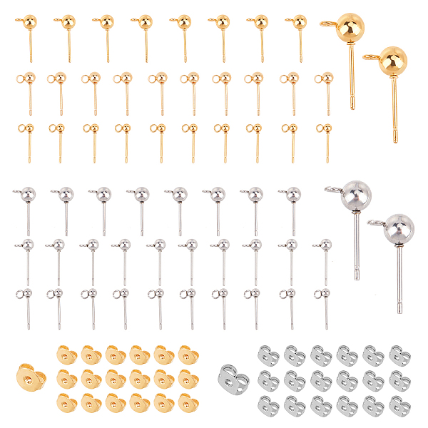 

PandaHall SUNNYCLUE Stainless Steel Ball Post Stud Earring Findings, with Brass Ear Nuts, Mixed Color, Stud Earring Findings: 60pcs, Brass...