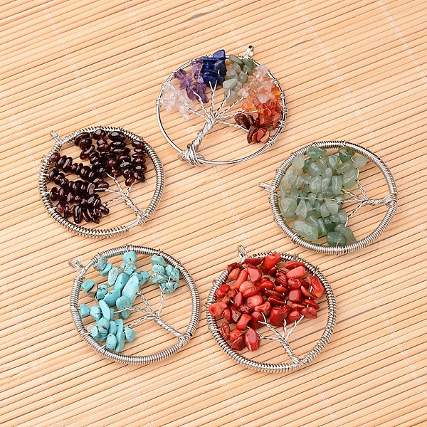 

PandaHall Natural & Synthetic Gemstone Big Pendants, with Platinum Plated Brass Findings, Flat Round with Tree of Life, 53~56x48~51x8mm...