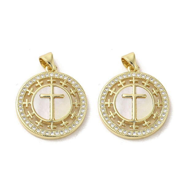 

PandaHall Brass Micro Pave Clear Cubic Zirconia Pendants, with Shell, Real 18K Gold Plated, Flat Round, Cross, 23.5x21x3mm, Hole: 3.5x5mm...
