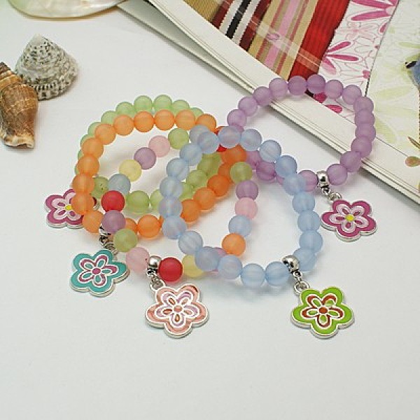 

PandaHall Charm Bracelets, Fashion Frosted Transparent Acrylic Bracelets for Kids, with Enameled Alloy Charms and Elastic Thread, Mixed..., Multicolor